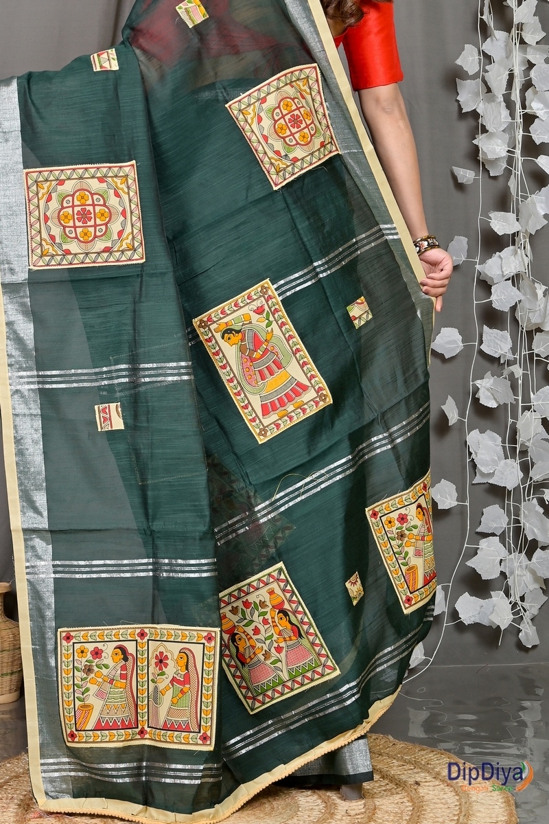 Dark Green Cotton Blended Parija Applique Saree (325)